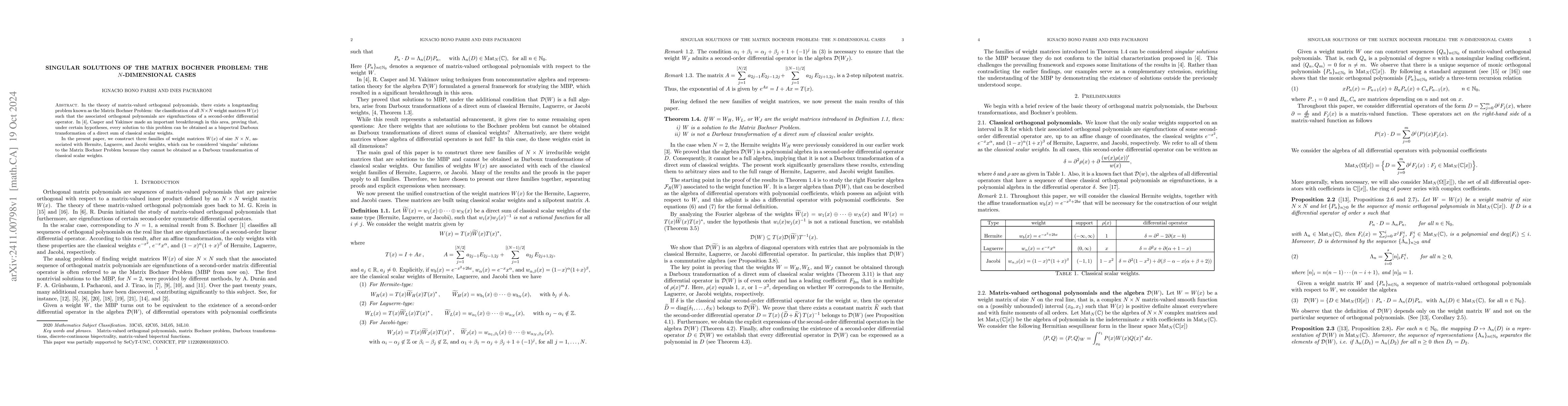 Thumbnail for Singular solutions of the matrix Bochner problem: the $N$-dimensional
  cases