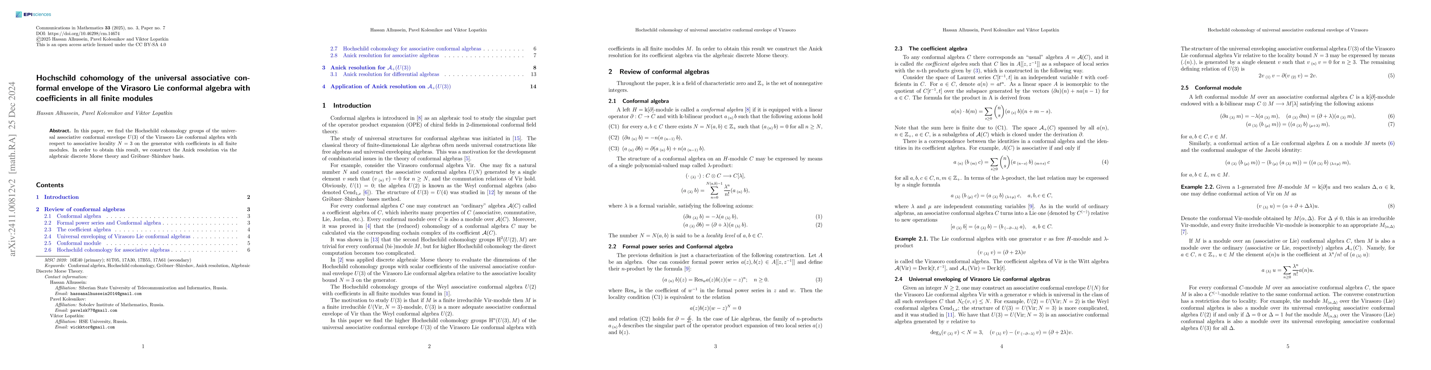 Thumbnail for Hochschild cohomology of the universal associative conformal envelope of
  the Virasoro Lie conformal algebra with coefficients in all finite modules