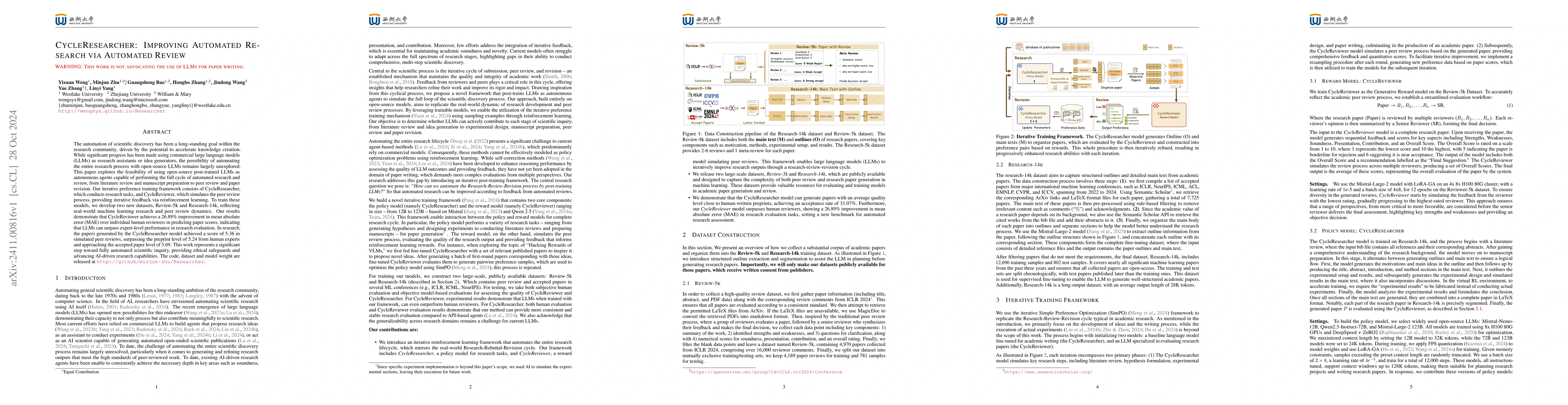 Thumbnail for CycleResearcher: Improving Automated Research via Automated Review