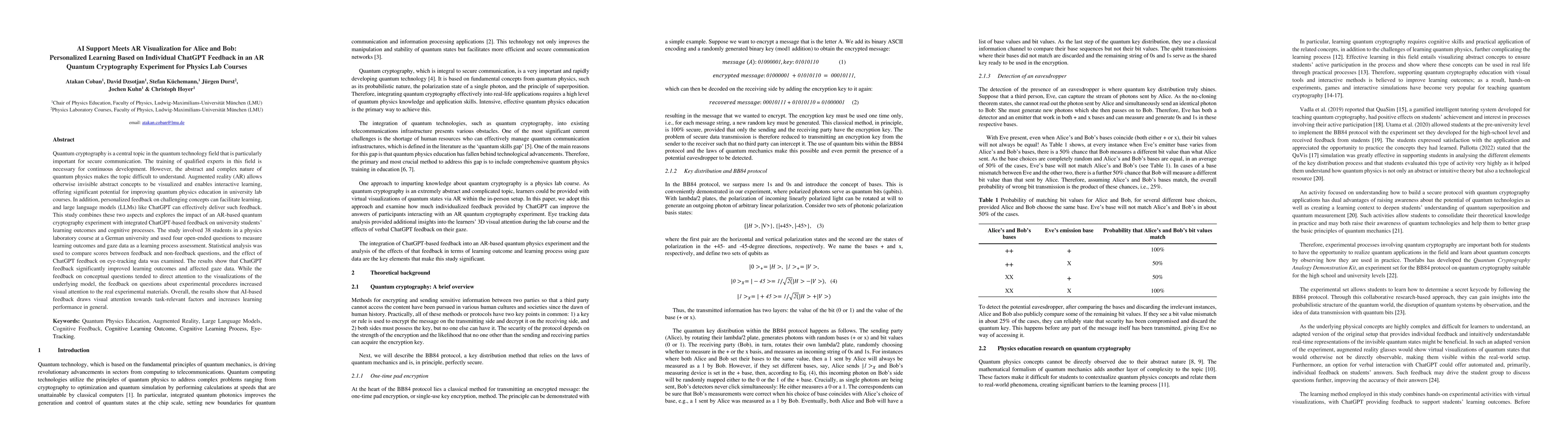 Thumbnail for AI Support Meets AR Visualization for Alice and Bob: Personalized
  Learning Based on Individual ChatGPT Feedback in an AR Quantum Cryptography
  Experiment for Physics Lab Courses