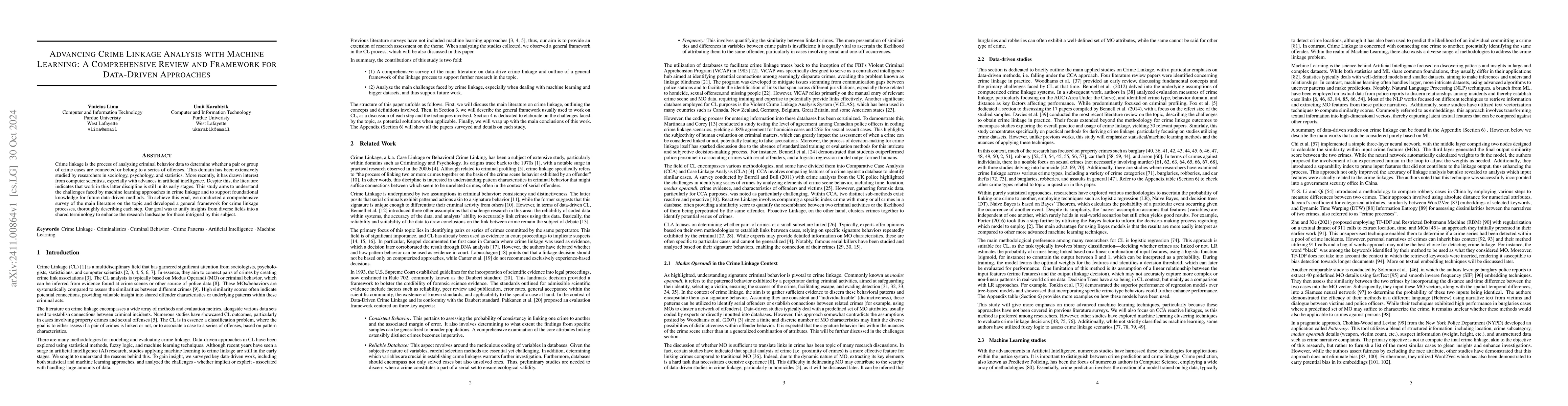 Thumbnail for Advancing Crime Linkage Analysis with Machine Learning: A Comprehensive
  Review and Framework for Data-Driven Approaches