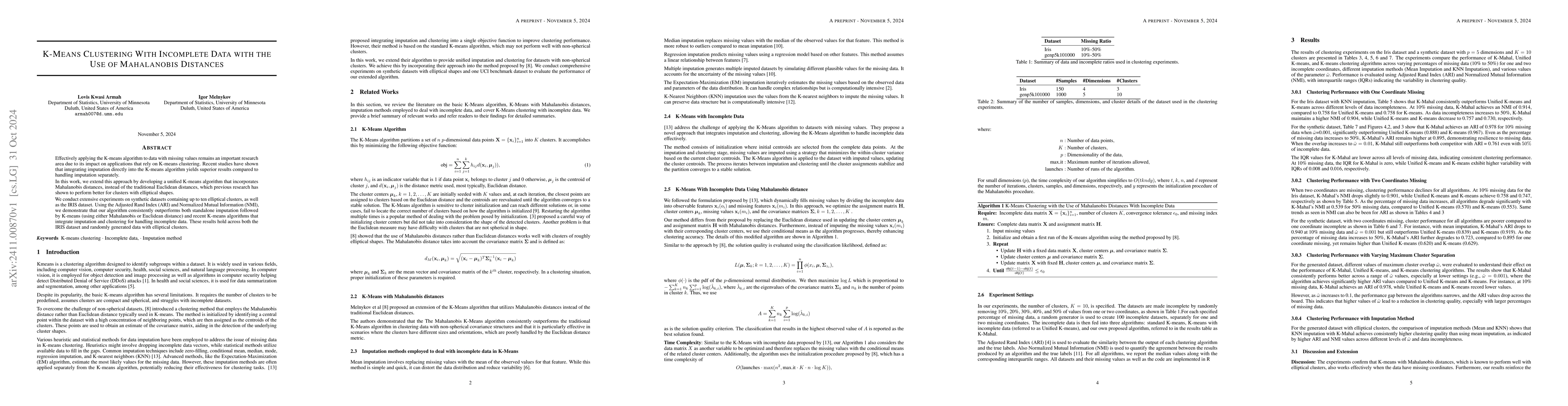 Thumbnail for K-Means Clustering With Incomplete Data with the Use of Mahalanobis
  Distances