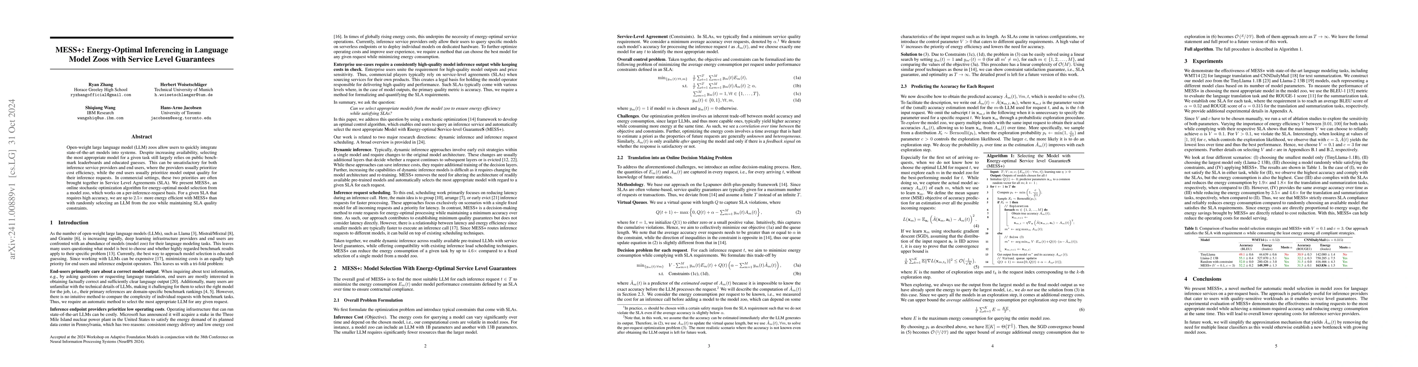 Thumbnail for MESS+: Energy-Optimal Inferencing in Language Model Zoos with Service
  Level Guarantees