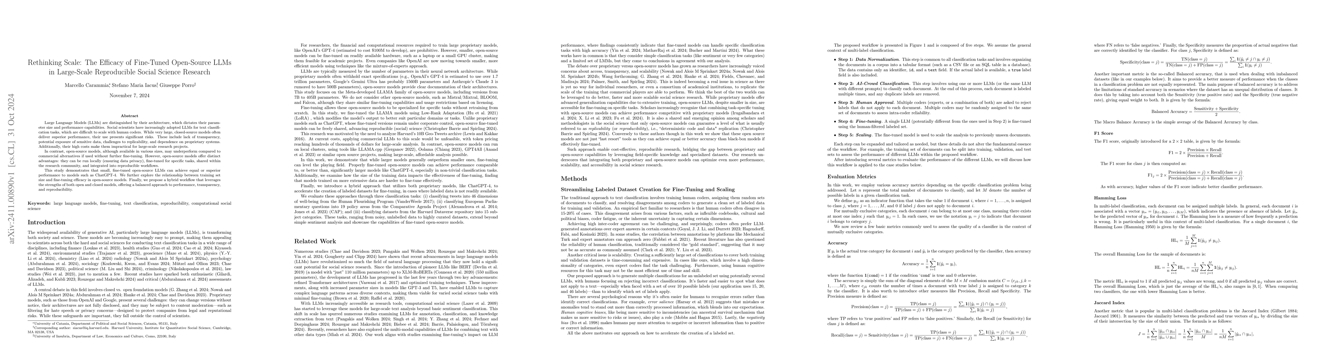 Thumbnail for Rethinking Scale: The Efficacy of Fine-Tuned Open-Source LLMs in
  Large-Scale Reproducible Social Science Research