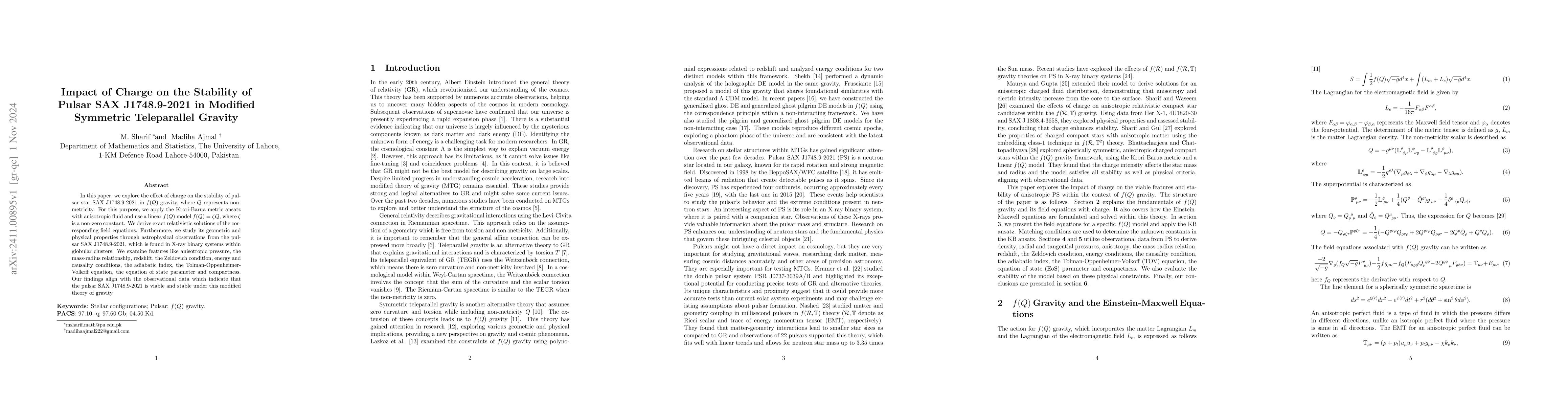 Thumbnail for Impact of Charge on the Stability of Pulsar SAX J1748.9-2021 in Modified
  Symmetric Teleparallel Gravity
