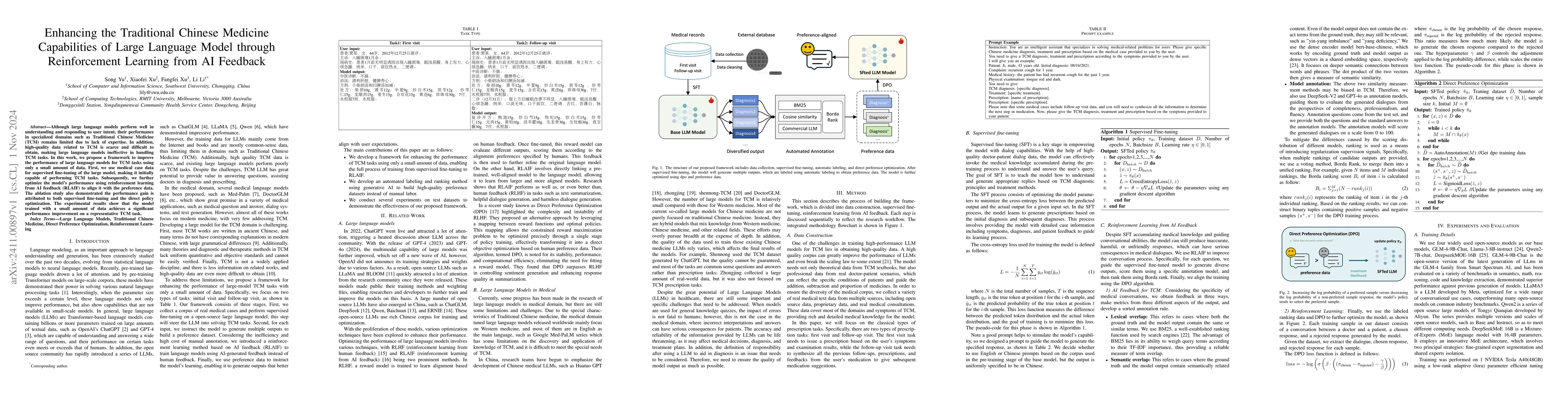 Thumbnail for Enhancing the Traditional Chinese Medicine Capabilities of Large
  Language Model through Reinforcement Learning from AI Feedback