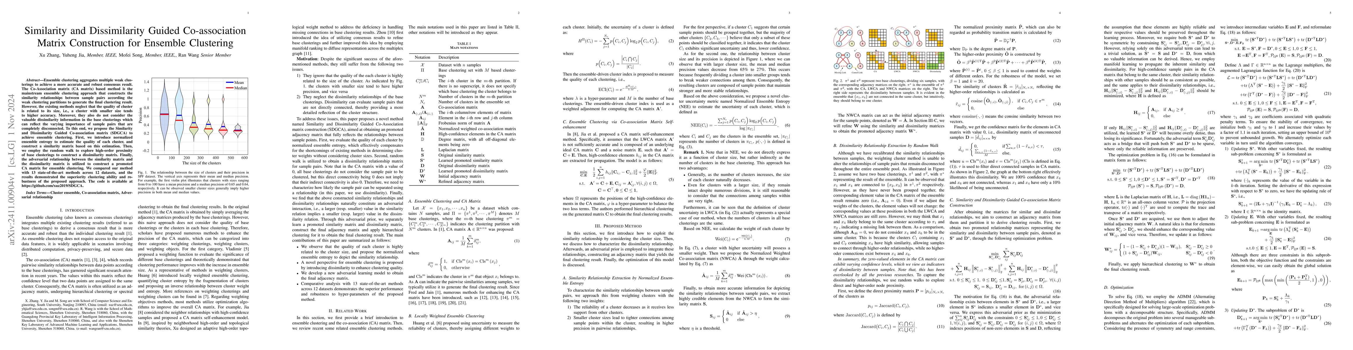 Thumbnail for Similarity and Dissimilarity Guided Co-association Matrix Construction
  for Ensemble Clustering