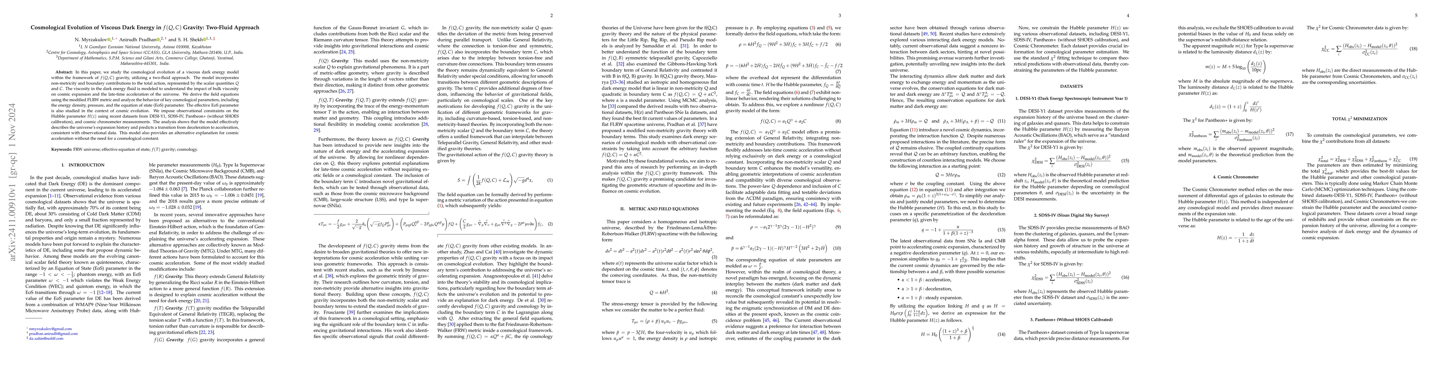 Thumbnail for Cosmological Evolution of Viscous Dark Energy in f(Q,C) Gravity:
  Two-Fluid Approach