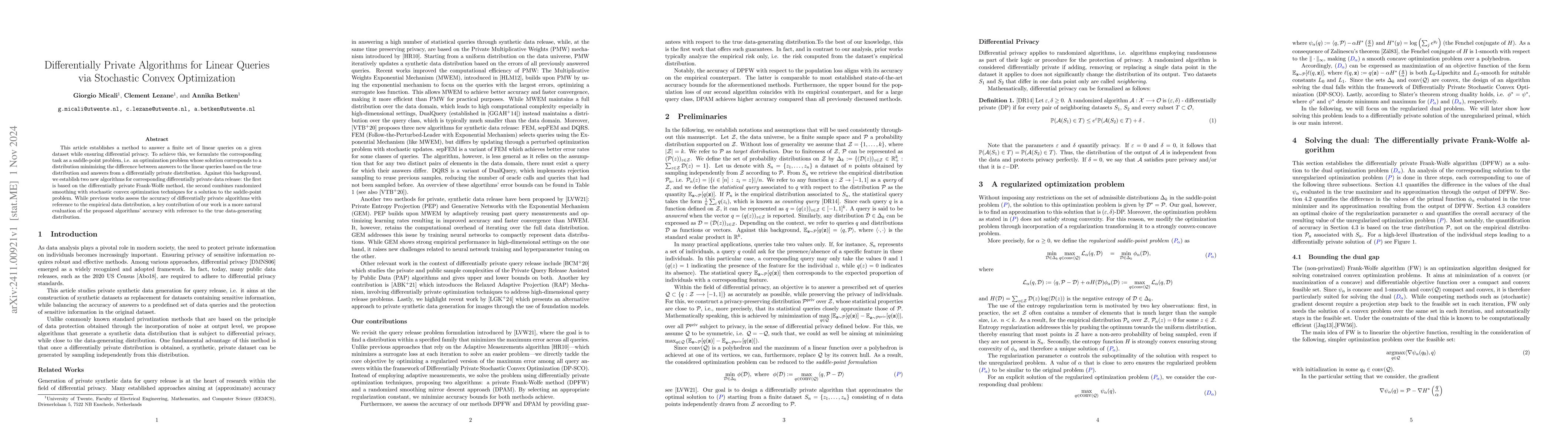 Thumbnail for Differentially Private Algorithms for Linear Queries via Stochastic
  Convex Optimization
