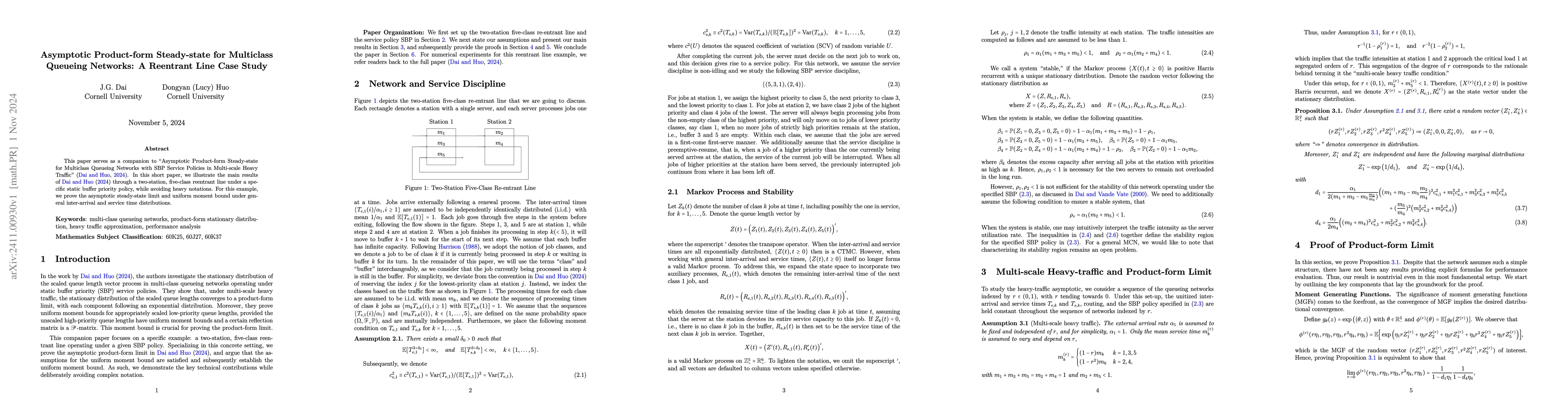 Thumbnail for Asymptotic Product-form Steady-state for Multiclass Queueing Networks: A
  Reentrant Line Case Study