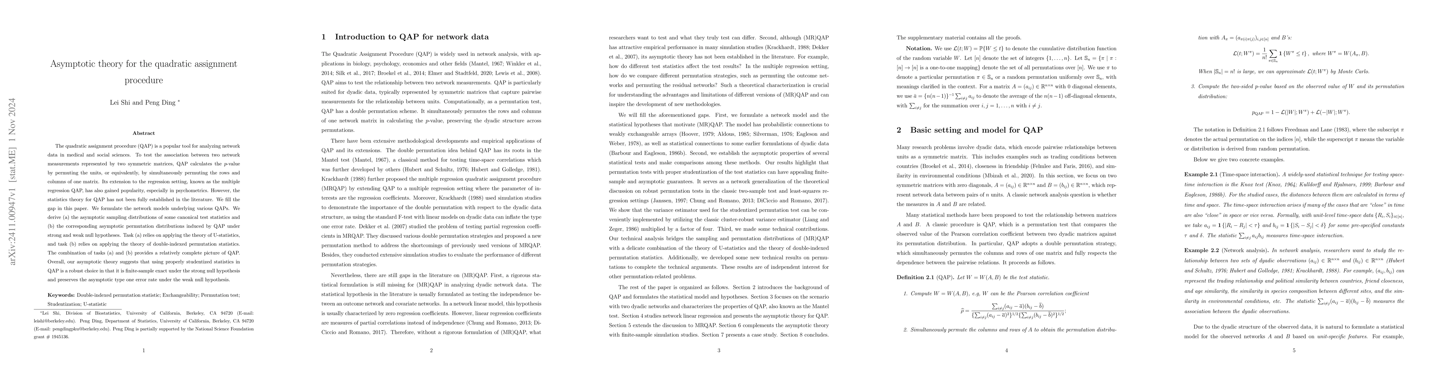 Thumbnail for Asymptotic theory for the quadratic assignment procedure