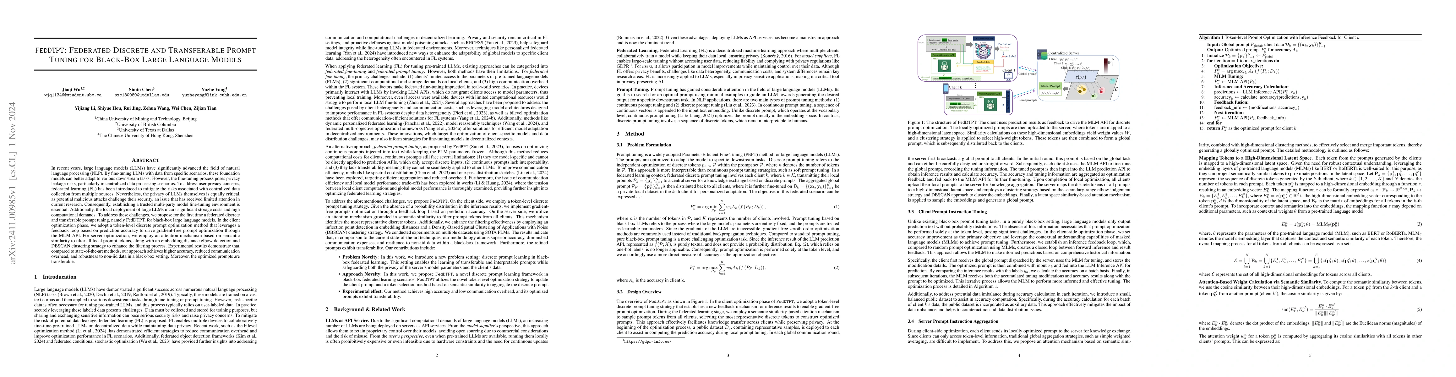 Thumbnail for FedDTPT: Federated Discrete and Transferable Prompt Tuning for Black-Box
  Large Language Models