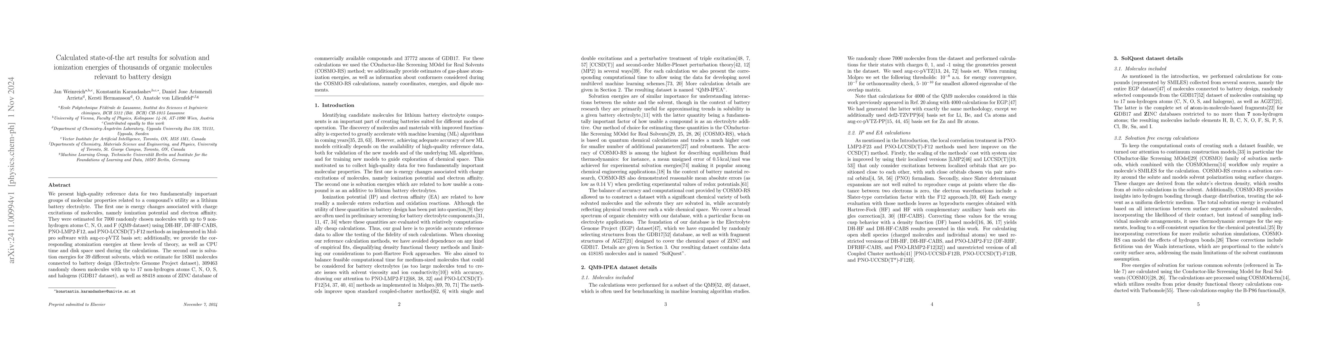 Thumbnail for Calculated state-of-the art results for solvation and ionization
  energies of thousands of organic molecules relevant to battery design