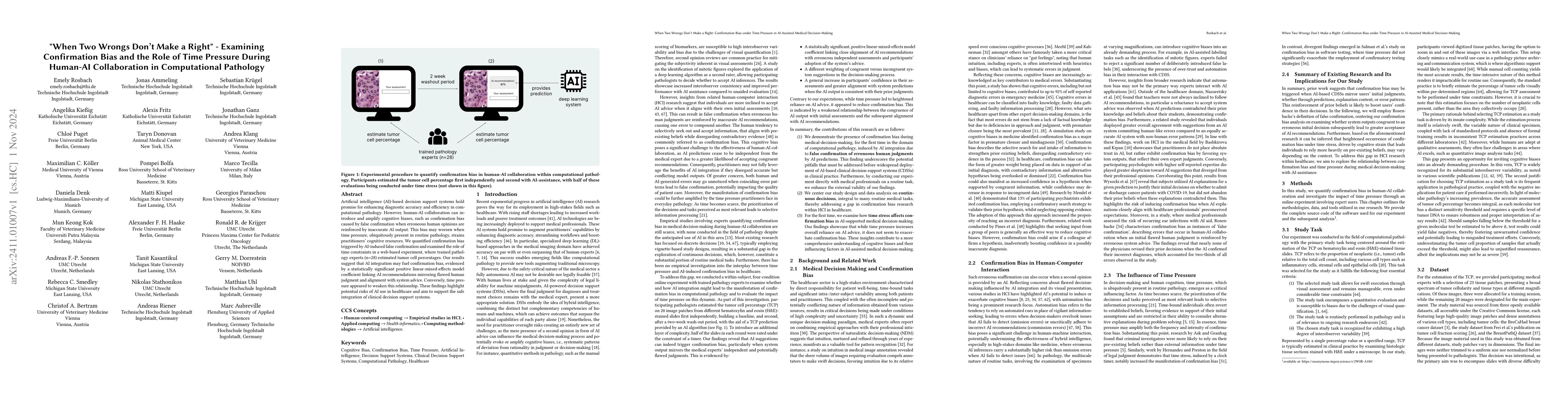 Thumbnail for When Two Wrongs Don't Make a Right" -- Examining Confirmation Bias and
  the Role of Time Pressure During Human-AI Collaboration in Computational
  Pathology