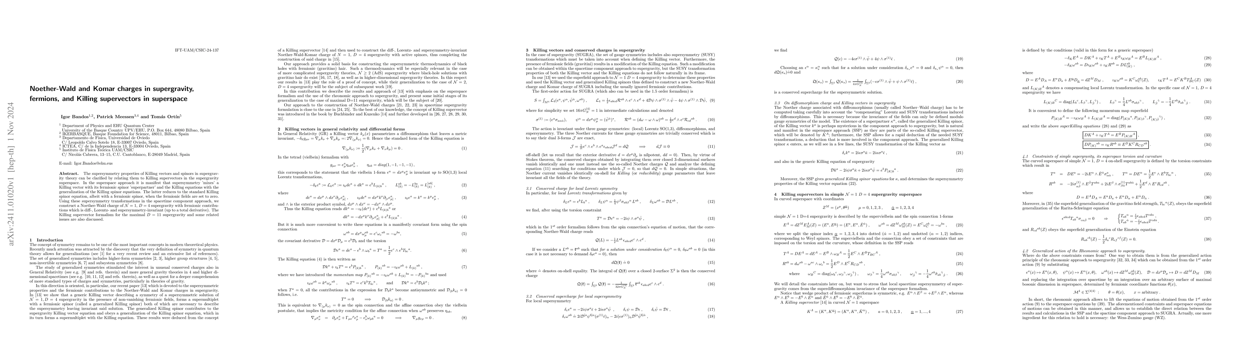 Thumbnail for Noether-Wald and Komar charges in supergravity, fermions, and Killing
  supervectors in superspace