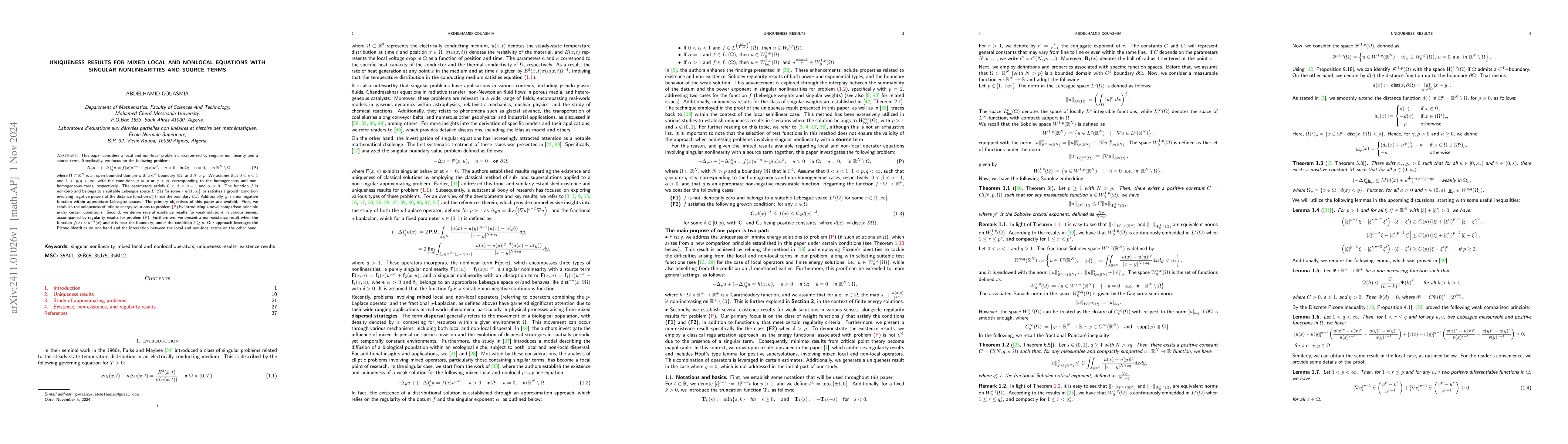 Thumbnail for Uniqueness Results for Mixed Local and Nonlocal Equations with Singular
  Nonlinearities and Source Terms