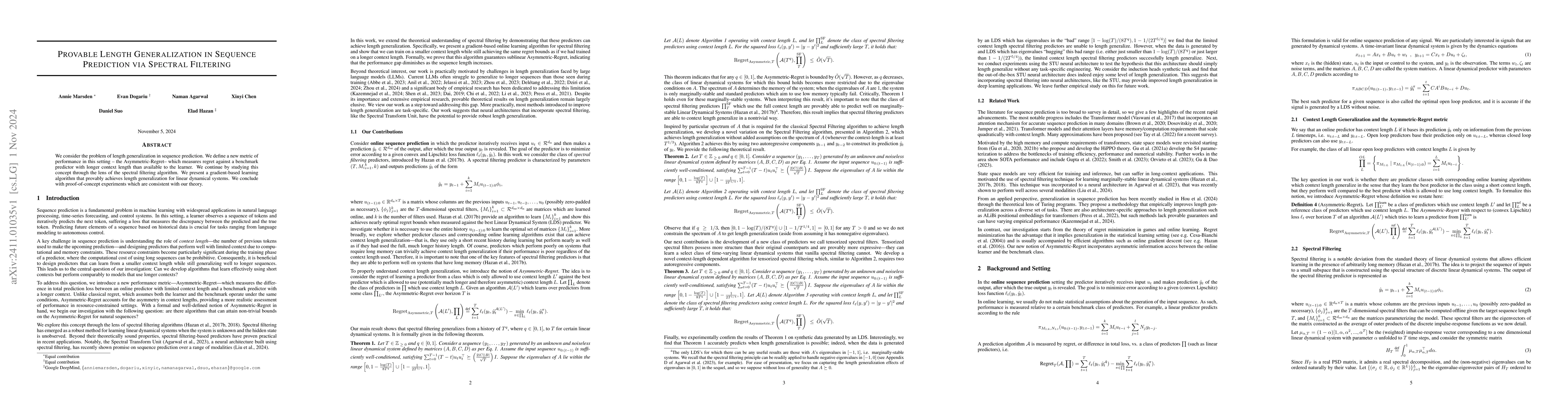 Thumbnail for Provable Length Generalization in Sequence Prediction via Spectral
  Filtering