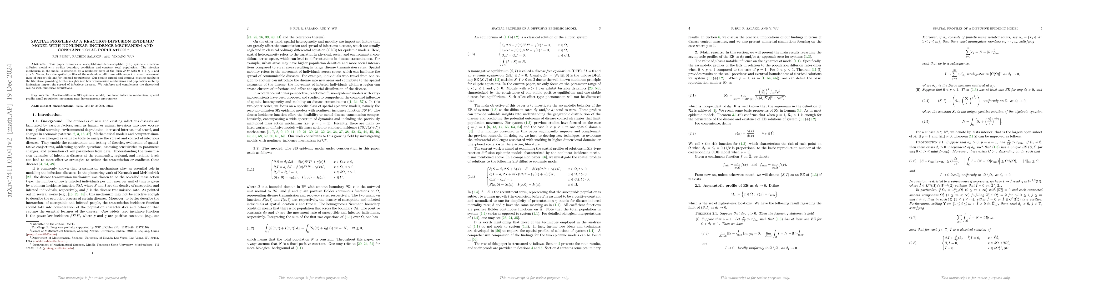 Thumbnail for Spatial profiles of a reaction-diffusion epidemic model with nonlinear
  incidence mechanism and constant total population