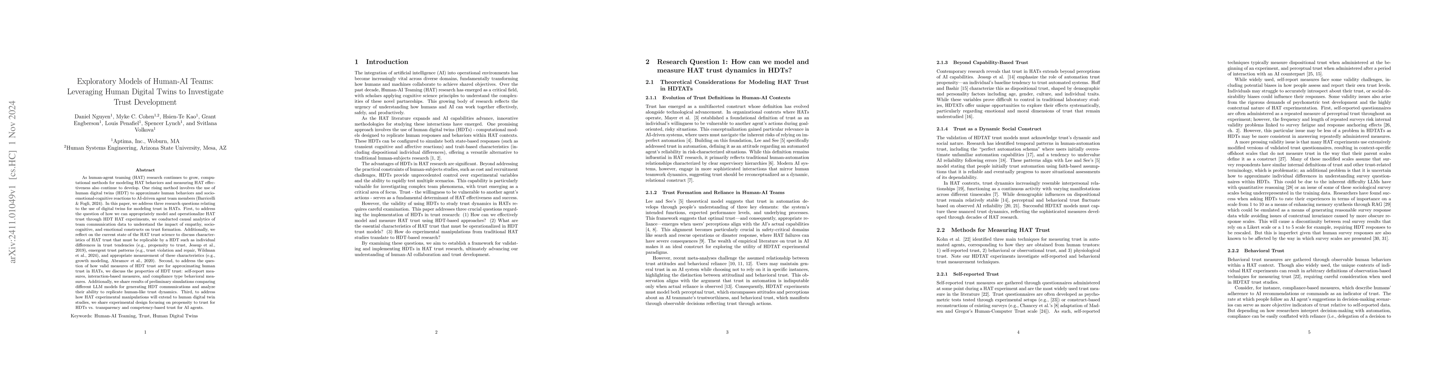 Thumbnail for Exploratory Models of Human-AI Teams: Leveraging Human Digital Twins to
  Investigate Trust Development