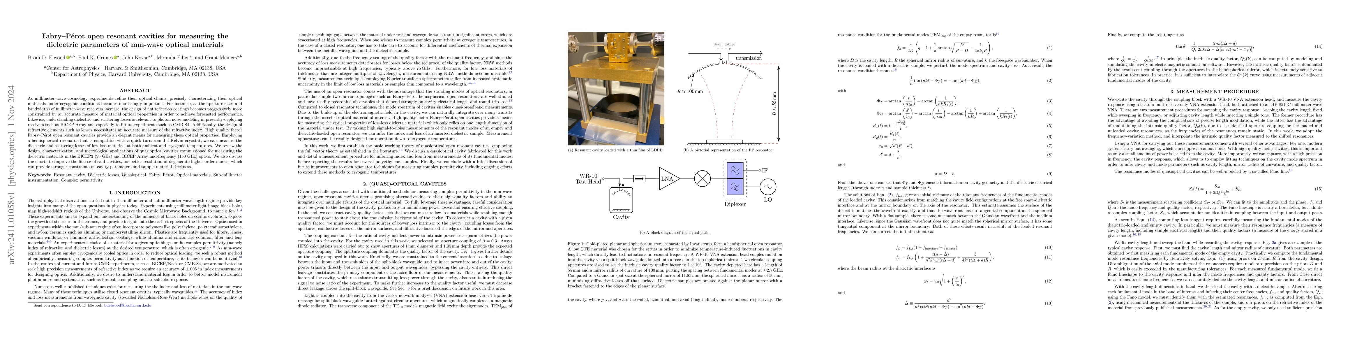 Thumbnail for Fabry-Pérot open resonant cavities for measuring the dielectric
  parameters of mm-wave optical materials