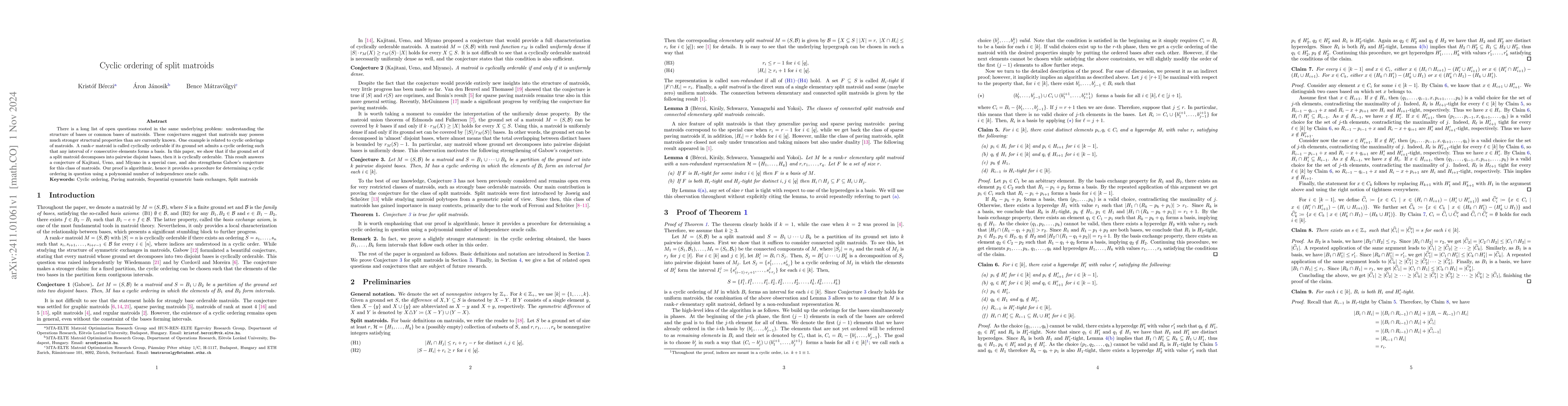 Thumbnail for Cyclic ordering of split matroids