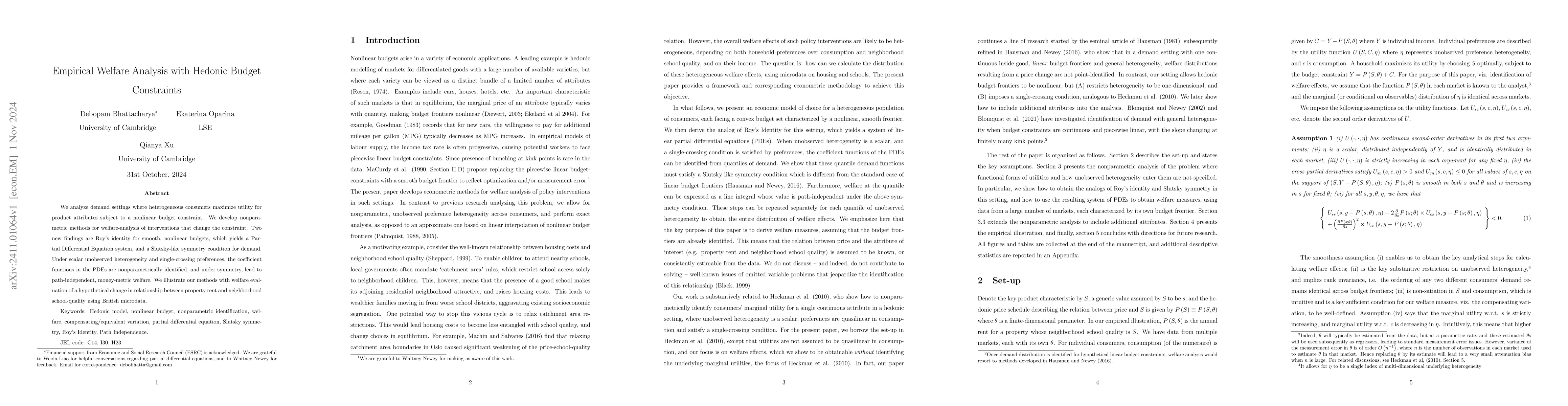 Thumbnail for Empirical Welfare Analysis with Hedonic Budget Constraints