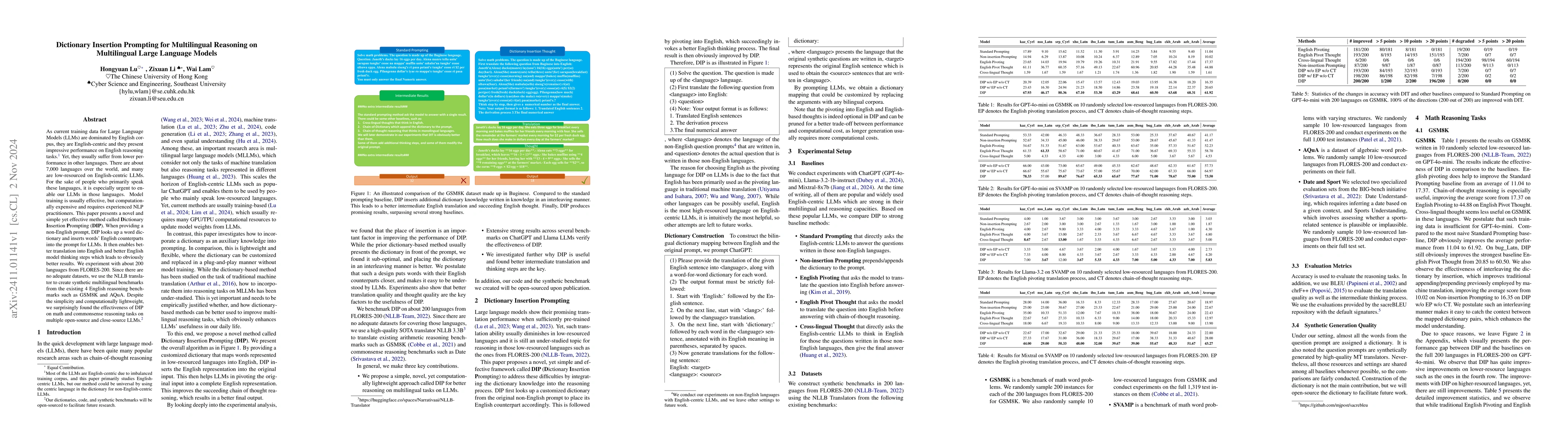 Thumbnail for Dictionary Insertion Prompting for Multilingual Reasoning on
  Multilingual Large Language Models