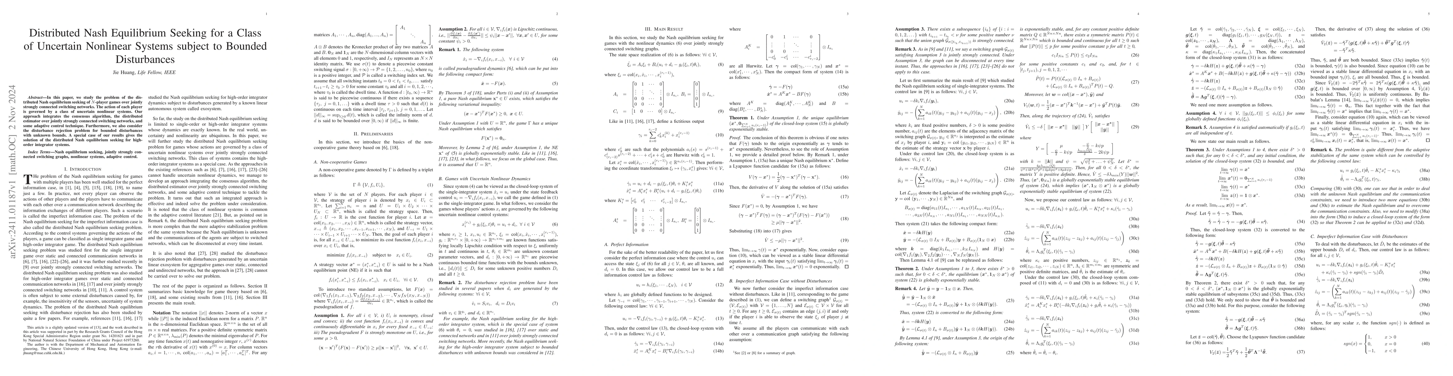 Thumbnail for Distributed Nash Equilibrium Seeking for a Class of Uncertain Nonlinear
  Systems subject to Bounded Disturbances