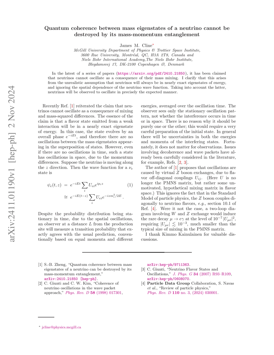 Thumbnail for Quantum coherence between mass eigenstates of a neutrino cannot be
  destroyed by its mass-momentum entanglement