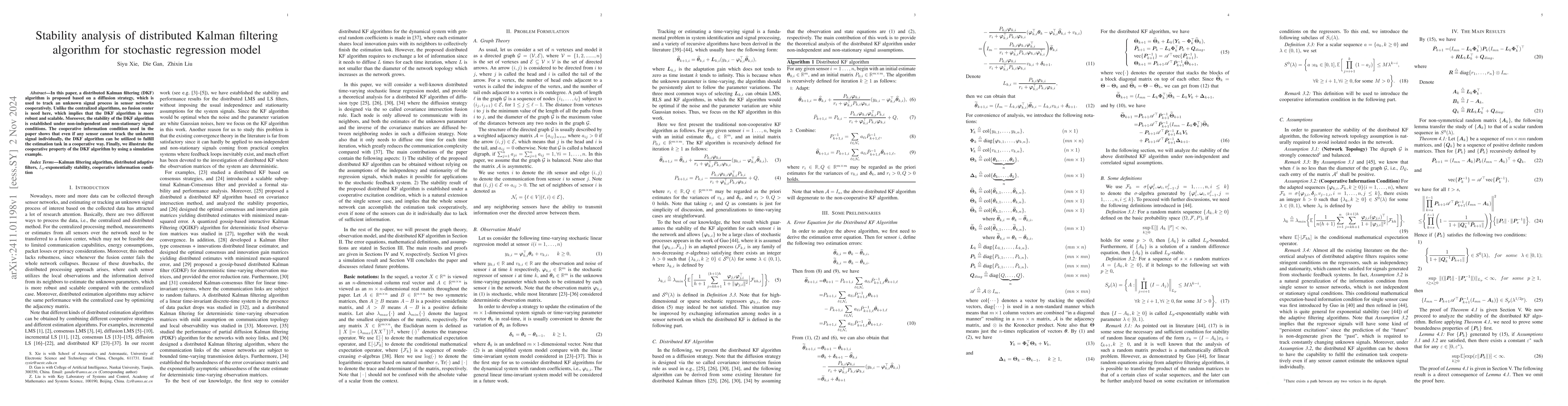 Thumbnail for Stability analysis of distributed Kalman filtering algorithm for
  stochastic regression model