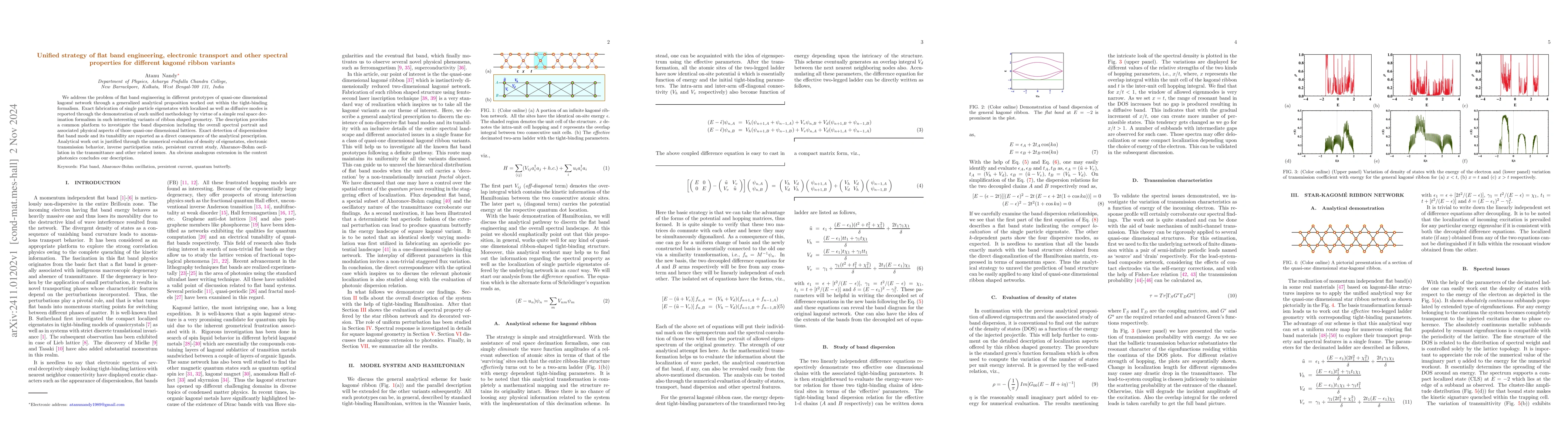 Thumbnail for Unified strategy of flat band engineering, electronic transport and
  other spectral properties for different kagome ribbon variants