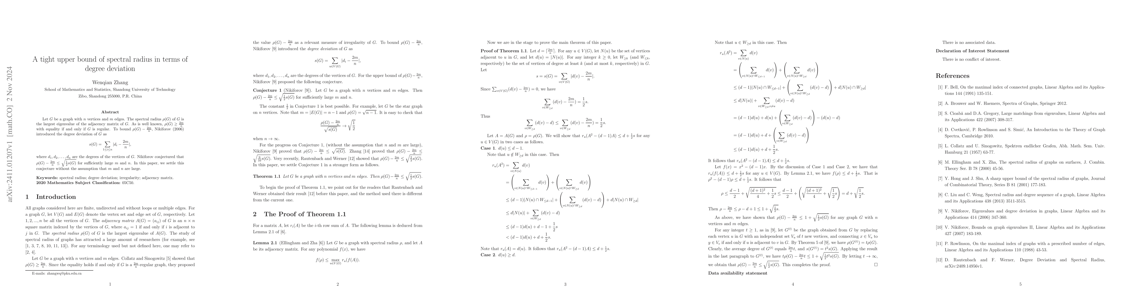 Thumbnail for A tight upper bound of spectral radius in terms of degree deviation