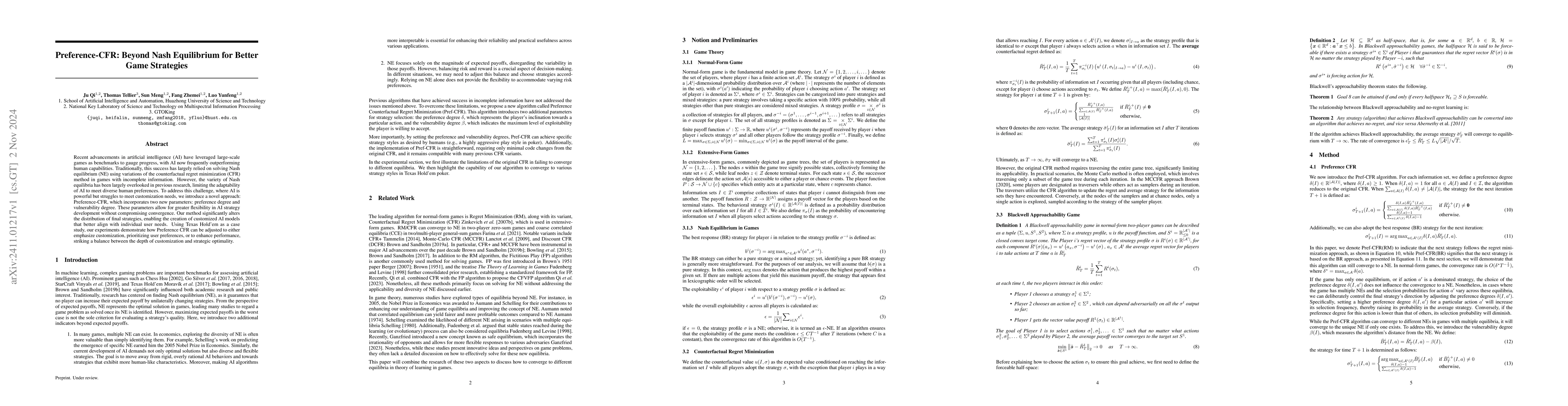 Thumbnail for Preference-CFR$\:$ Beyond Nash Equilibrium for Better Game Strategies