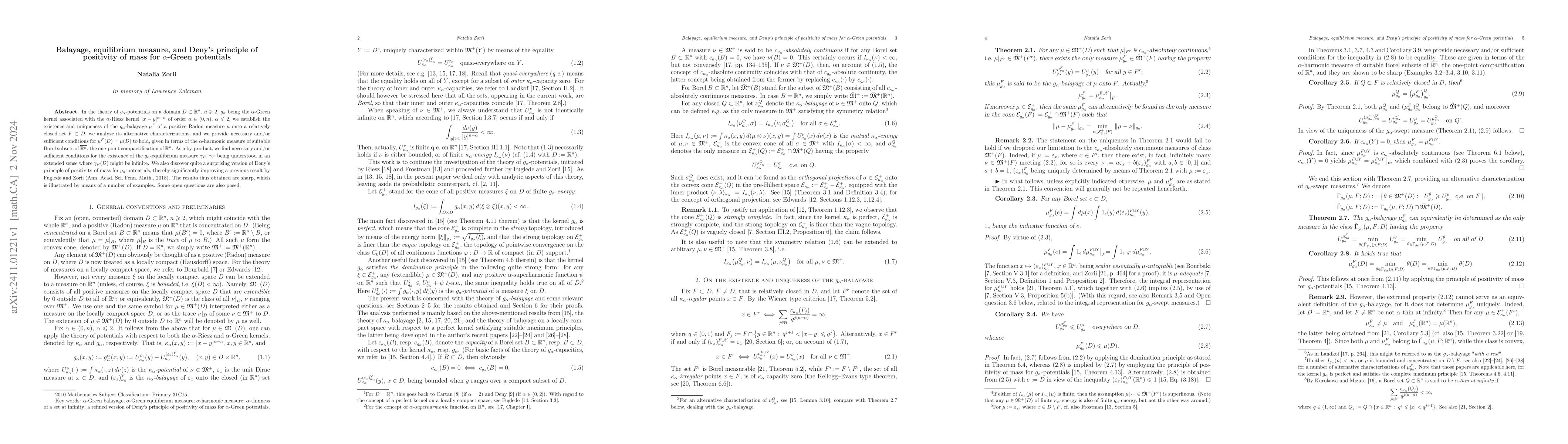 Thumbnail for Balayage, equilibrium measure, and Deny's principle of positivity of
  mass for $α$-Green potentials