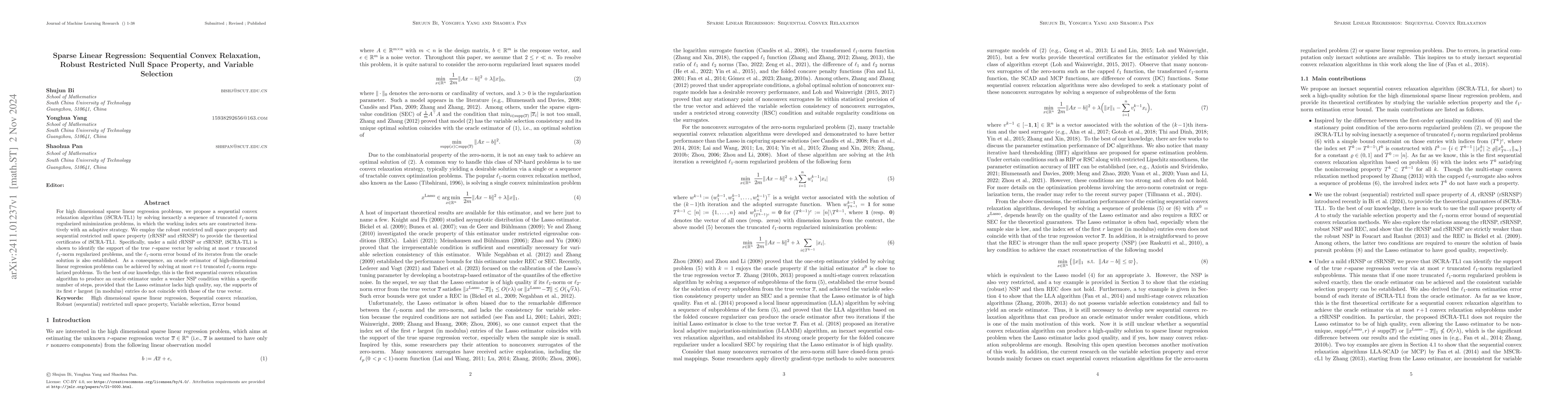 Thumbnail for Sparse Linear Regression: Sequential Convex Relaxation, Robust
  Restricted Null Space Property, and Variable Selection