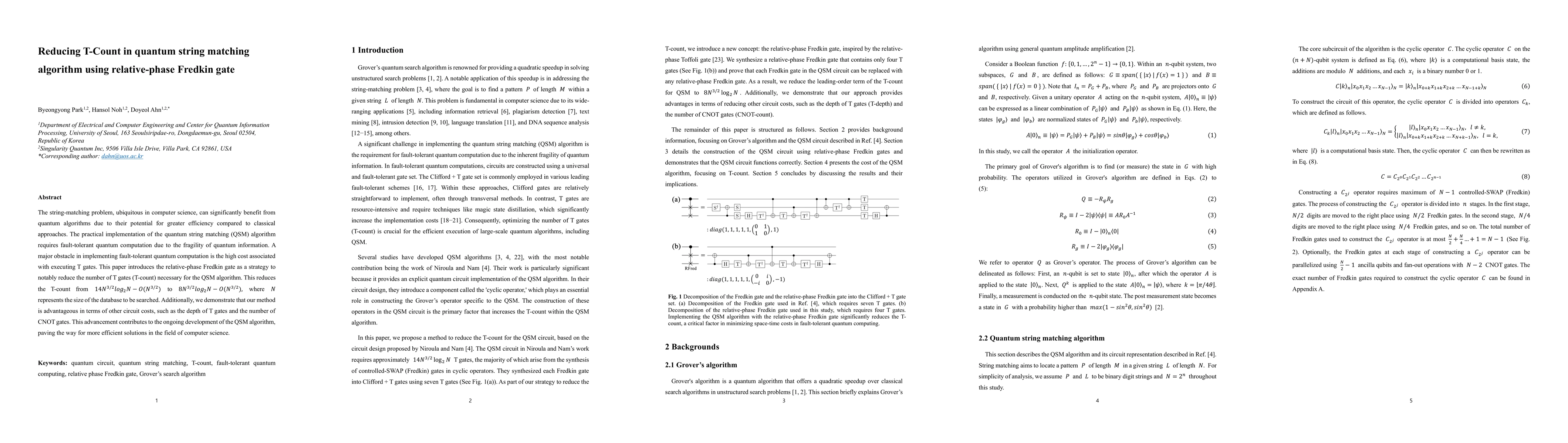 Thumbnail for Reducing T-Count in quantum string matching algorithm using
  relative-phase Fredkin gate