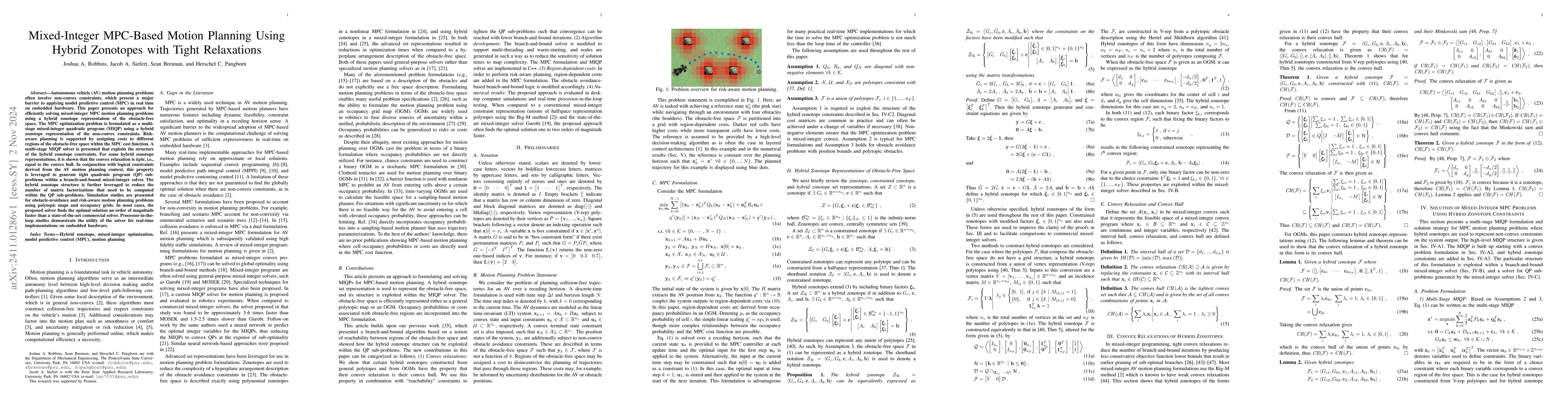 Thumbnail for Mixed-Integer MPC-Based Motion Planning Using Hybrid Zonotopes with
  Tight Relaxations