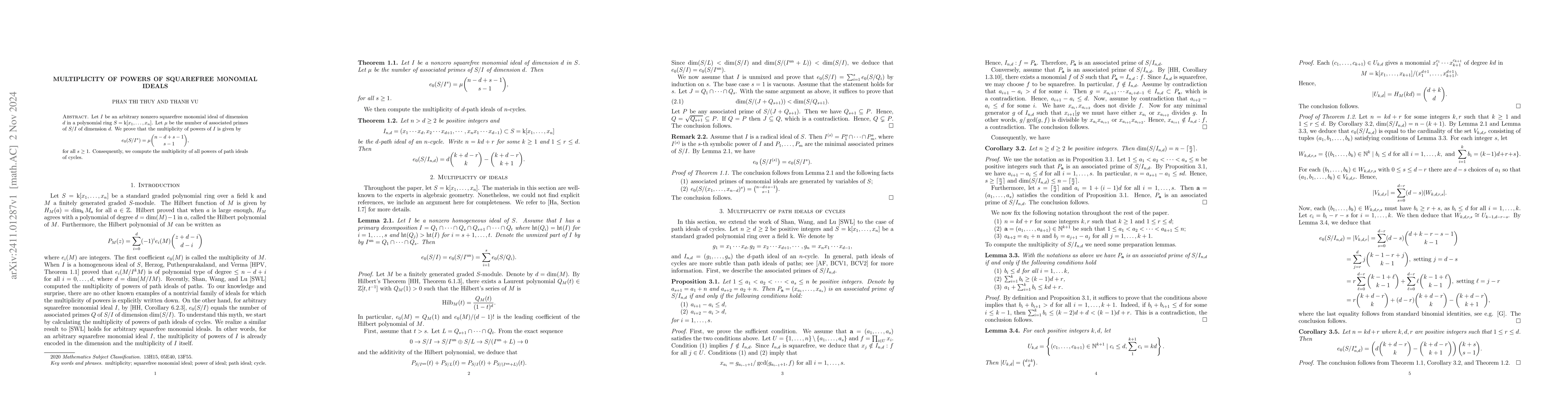 Thumbnail for Multiplicity of powers of squarefree monomial ideals