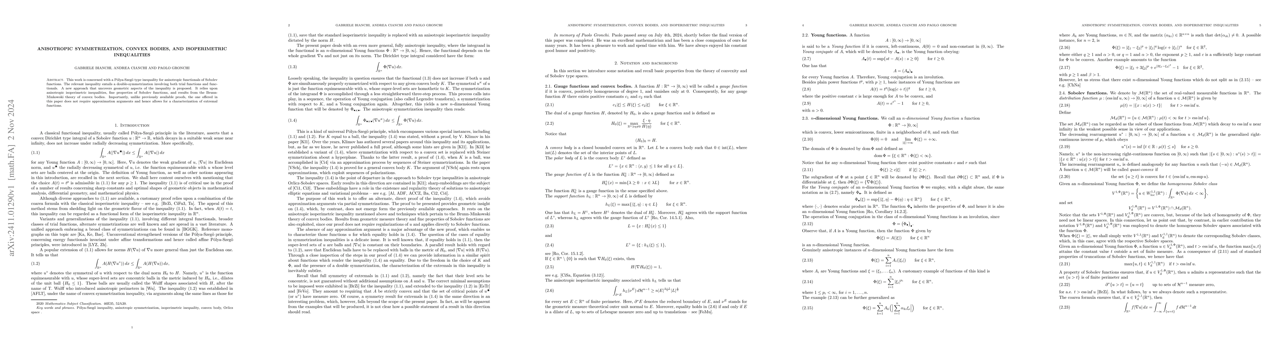 Thumbnail for Anisotropic symmetrization, convex bodies, and isoperimetric
  inequalities