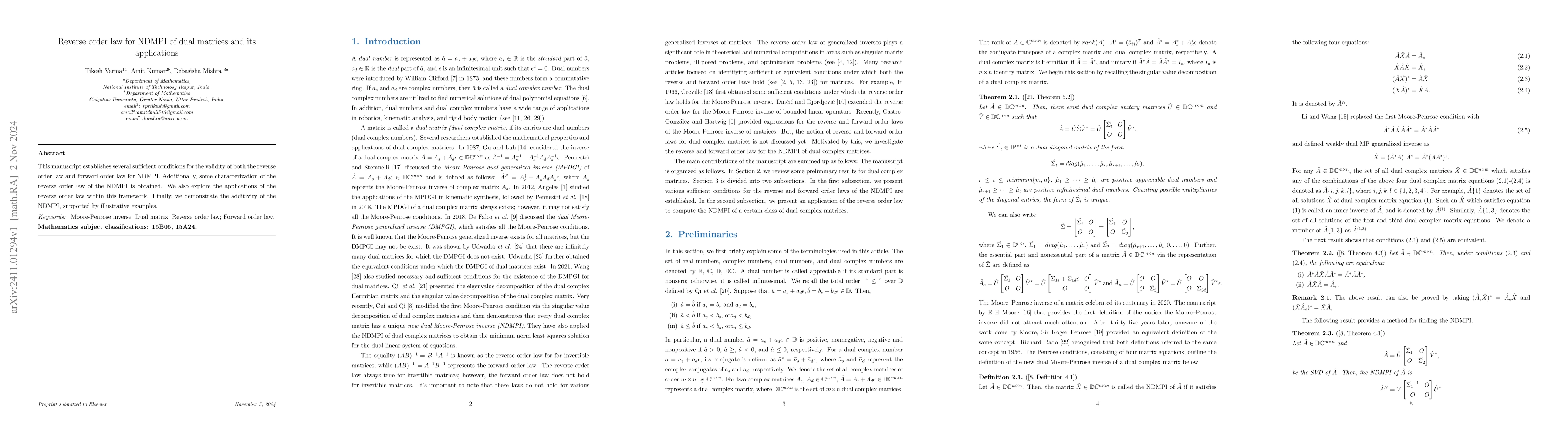 Thumbnail for Reverse order law for NDMPI of dual matrices and its applications