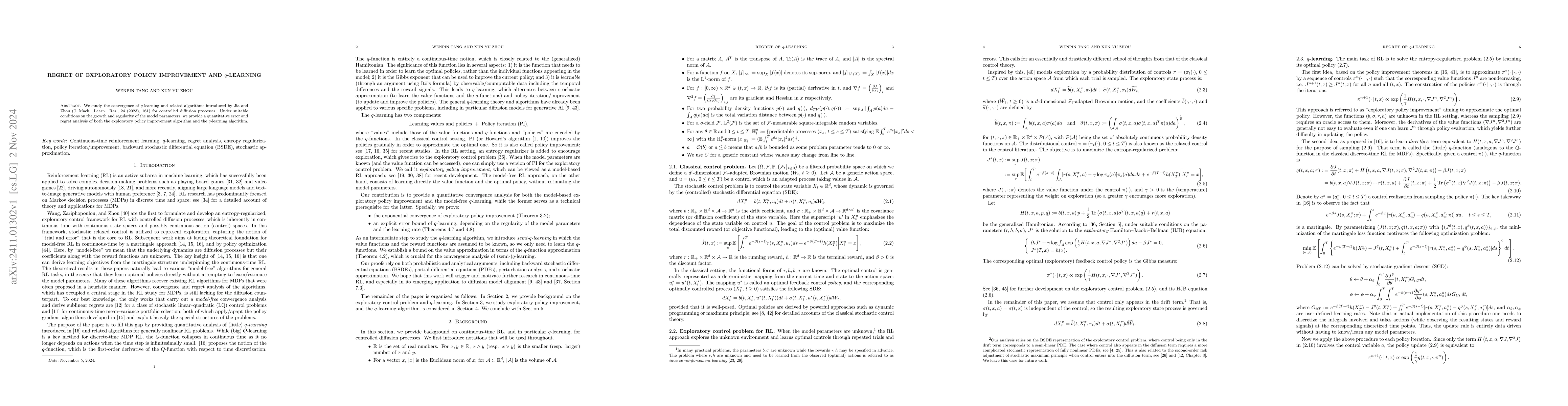 Thumbnail for Regret of exploratory policy improvement and $q$-learning