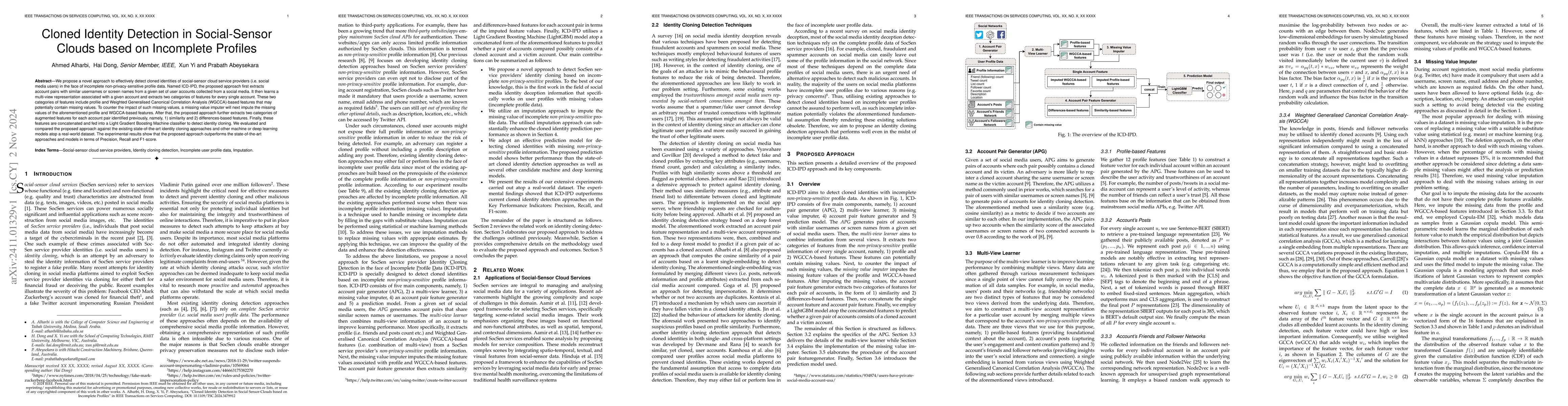 Thumbnail for Cloned Identity Detection in Social-Sensor Clouds based on Incomplete
  Profiles