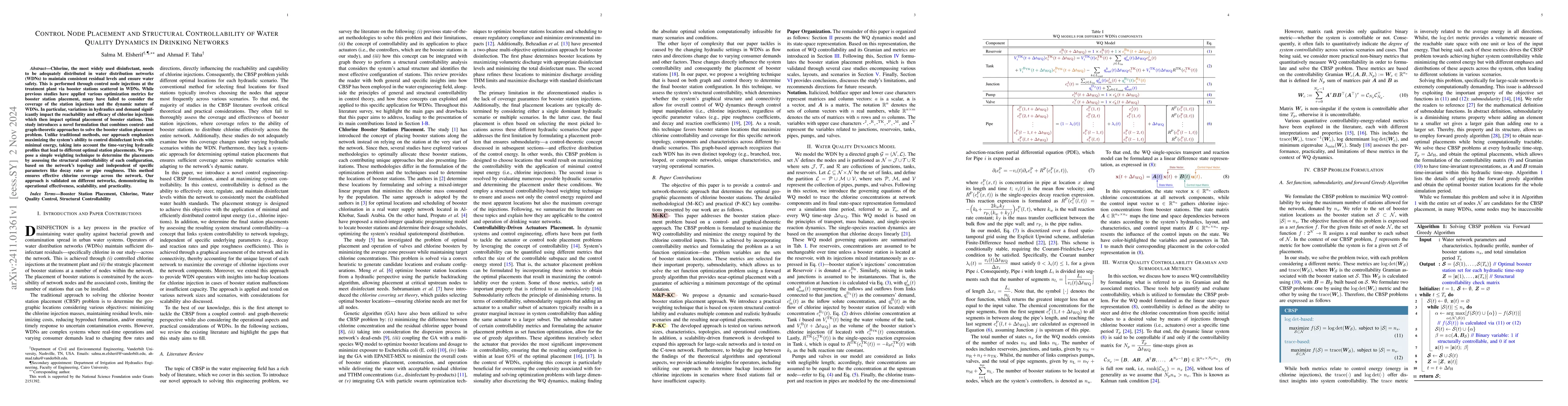 Thumbnail for Control Node Placement and Structural Controllability of Water Quality
  Dynamics in Drinking Networks