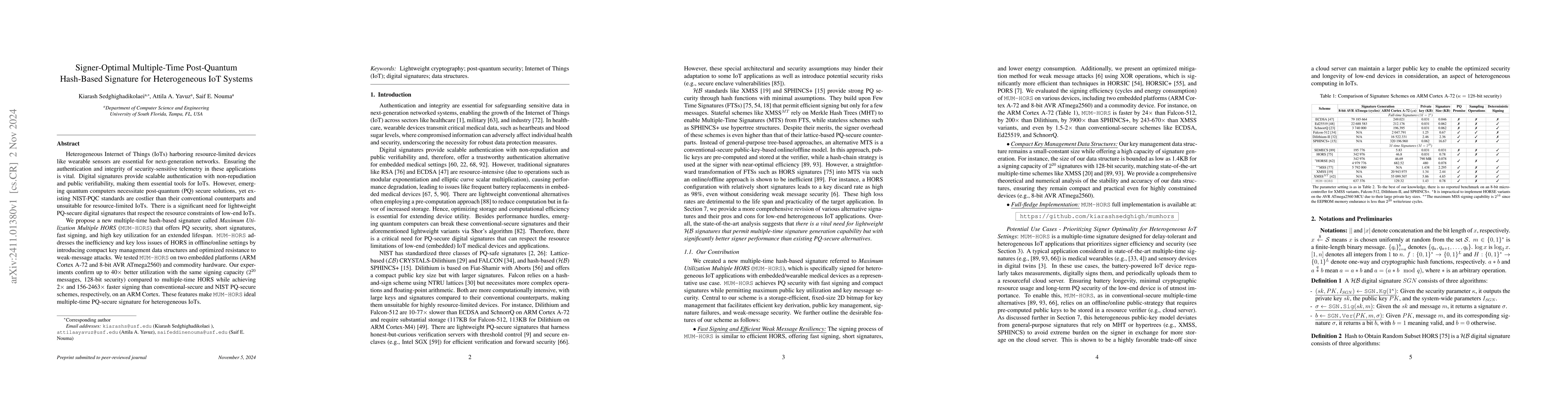 Thumbnail for Signer-Optimal Multiple-Time Post-Quantum Hash-Based Signature for
  Heterogeneous IoT Systems