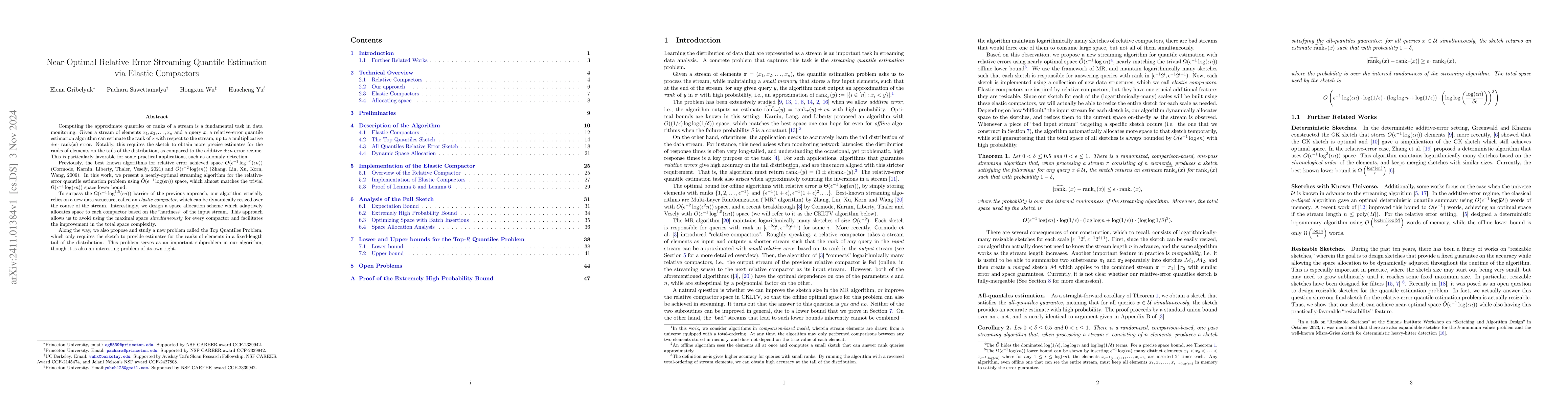Thumbnail for Near-Optimal Relative Error Streaming Quantile Estimation via Elastic
  Compactors