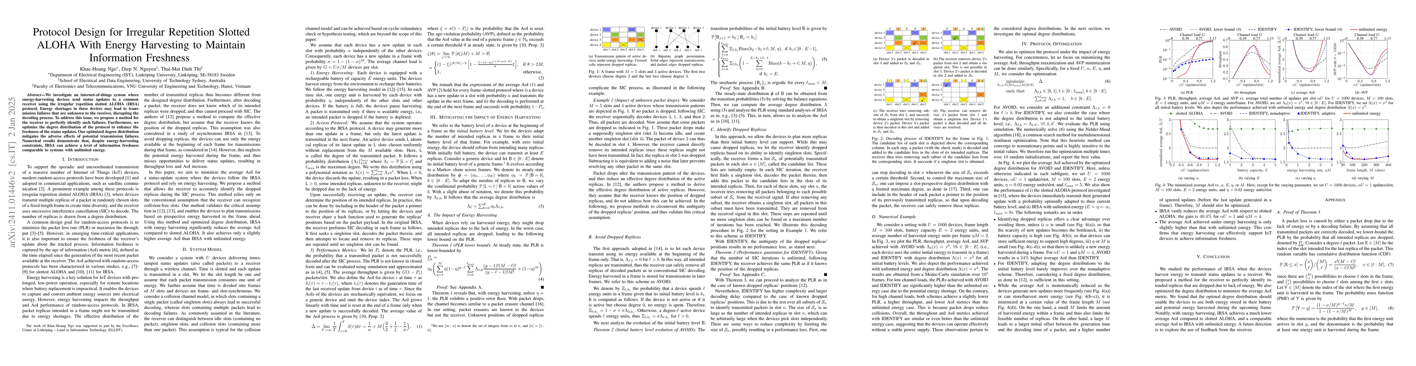 Thumbnail for Protocol Design for Irregular Repetition Slotted ALOHA With Energy
  Harvesting to Maintain Information Freshness