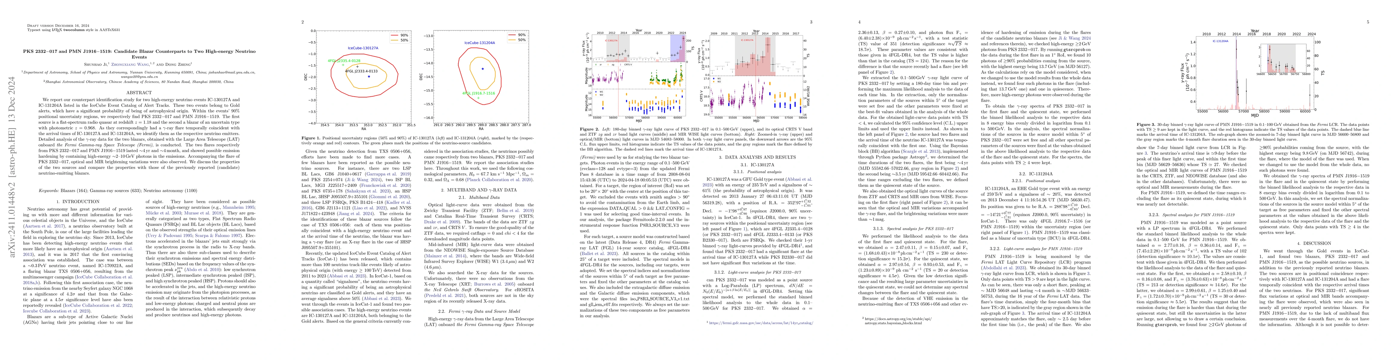 Thumbnail for PKS~2332$-$017 and PMN J1916$-$1519: Candidate Blazar Counterparts to
  Two High-energy Neutrino Events