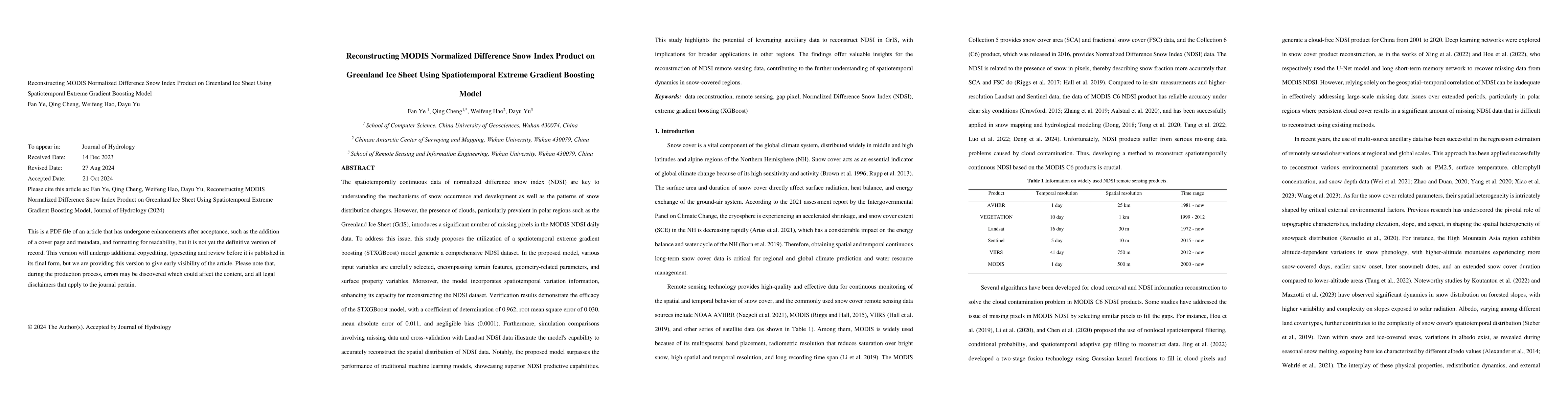 Thumbnail for Reconstructing MODIS Normalized Difference Snow Index Product on
  Greenland Ice Sheet Using Spatiotemporal Extreme Gradient Boosting Model