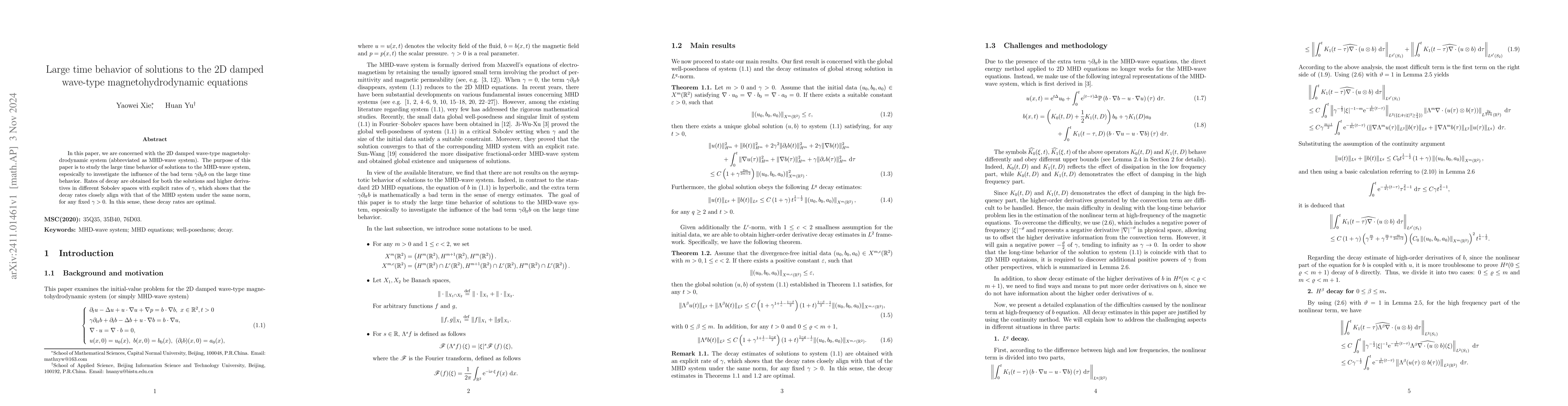 Thumbnail for Large time behavior of solutions to the 2D damped wave-type
  magnetohydrodynamic equations