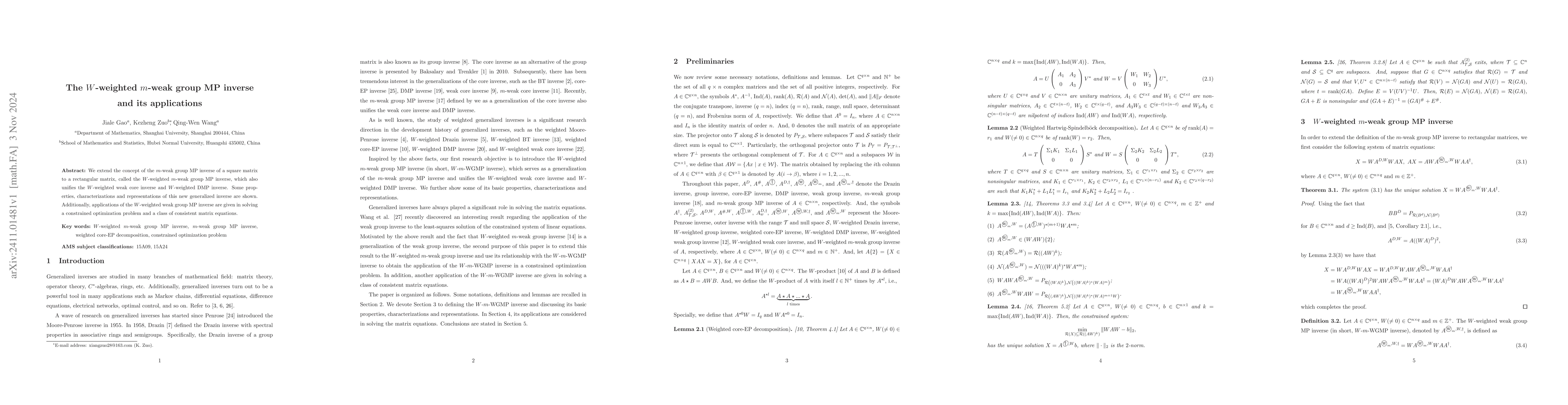Thumbnail for The W-weighted m-weak group MP inverse and its applications